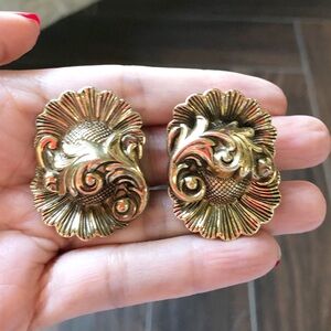 Vintage Gold Tone Flourish Victorian Revival Clip On Earrings, Beautiful!